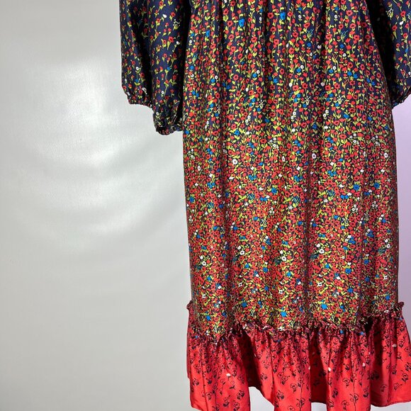 Betsey Johnson Size 8 High-Waisted Silk Dress Puff Sleeve Red Blue Floral - Picture 4 of 12